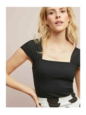 Anthropologie Black Ribbed Knit Square Neck Cropped Blouse | 2X